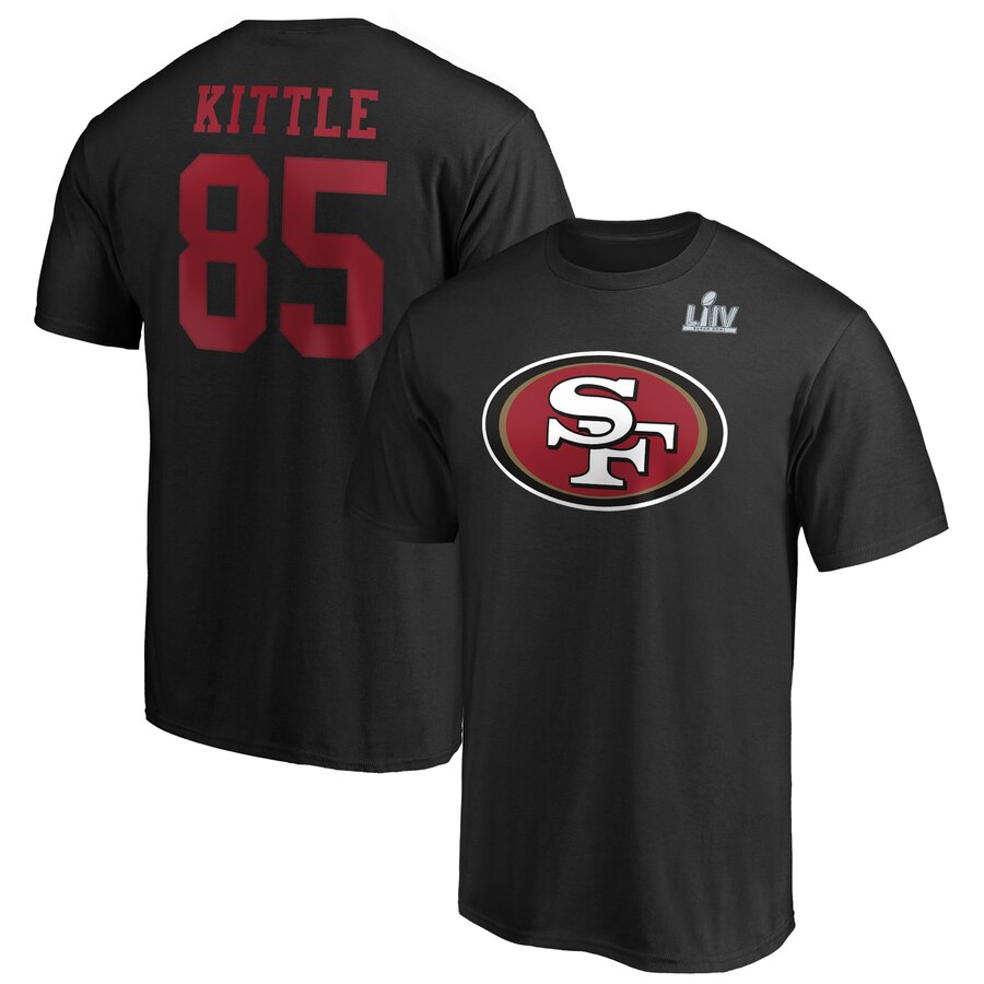 Men's San Francisco 49ers #85 George Kittle NFL Black Super Bowl LIV Bound Halfback Player Name & Number T-Shirt